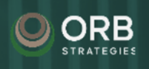 ORB Strategies official logo: minimalist green-and-brown circular emblem with ‘ORB STRATEGIES’ in white on a dark green striped background.