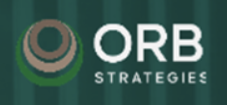 ORB Strategies official logo: minimalist green-and-brown circular emblem with ‘ORB STRATEGIES’ in white on a dark green striped background.