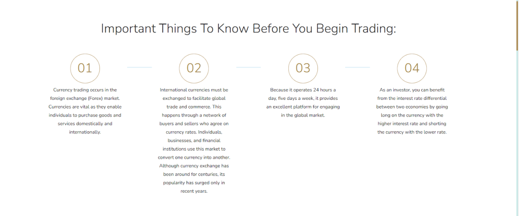 Educational content layout: four sections highlighting market fundamentals, trading sessions, and global currency exchange.
