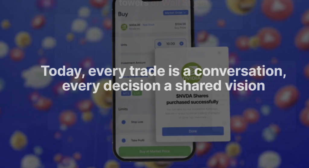 Social trading interface on NAGA platform showing shared trading activity